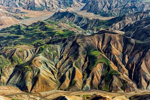 Mountain landscape, sunny, summer, volcanic landscape, aerial view, Landmannalaugar, Fjallabak