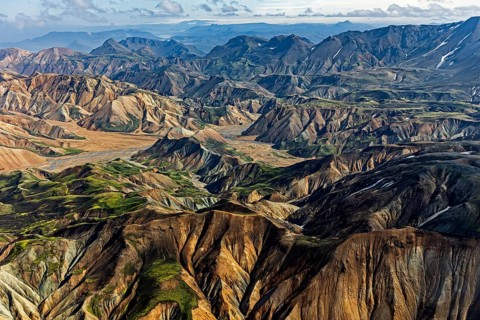 Mountain landscape, sunny, summer, volcanic landscape, aerial view, Landmannalaugar, Fjallabak