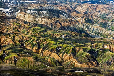 Mountain landscape, snowfields, sunny, summer, volcanic landscape, aerial view, Landmannalaugar,