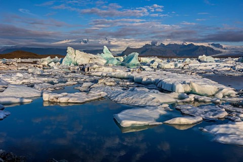 Icebergs, ice floes, lake, glacier lagoon, glacier, mountains, clouds, summer, morning mood,