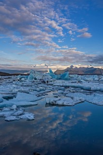 Icebergs, ice floes, lake, glacier lagoon, glacier, mountains, clouds, summer, morning mood,