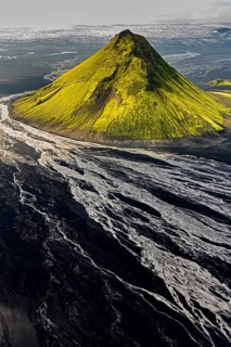 Mountain landscape, sunny, summer, volcanic landscape, river bed, river, aerial view, backlight,