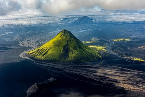 Mountain landscape, sunny, summer, volcanic landscape, river bed, river, aerial view, backlight,