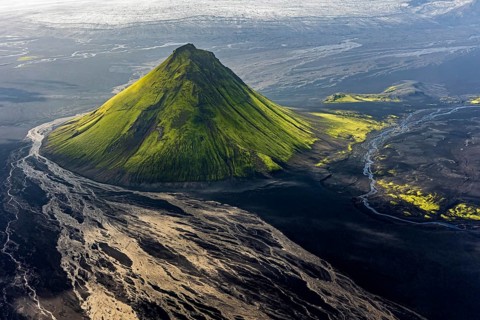 Mountain landscape, sunny, summer, volcanic landscape, river bed, river, aerial view, backlight,