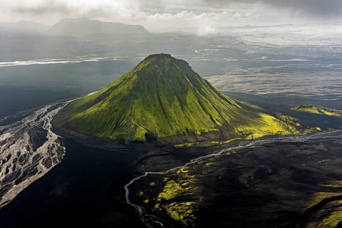 Mountain landscape, sunny, summer, volcanic landscape, river bed, river, aerial view, backlight,