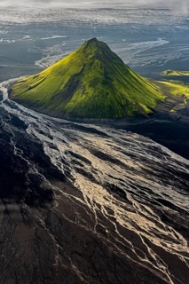 Mountain landscape, sunny, summer, volcanic landscape, river bed, river, aerial view, backlight,