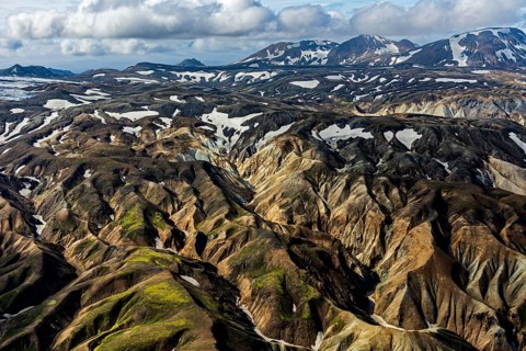Mountain landscape, sunny, summer, snowfields, volcanic landscape, aerial view, Landmannalaugar,