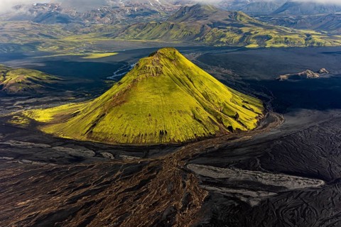 Mountain landscape, sunny, summer, volcanic landscape, river bed, river, aerial view, Maelifell