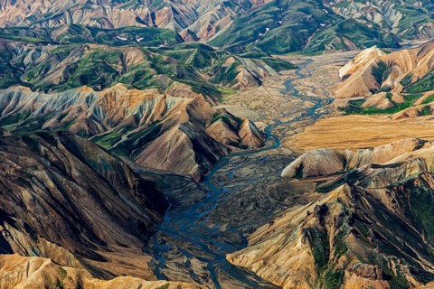 Mountain landscape, sunny, summer, river, riverbed, volcanic landscape, aerial view,