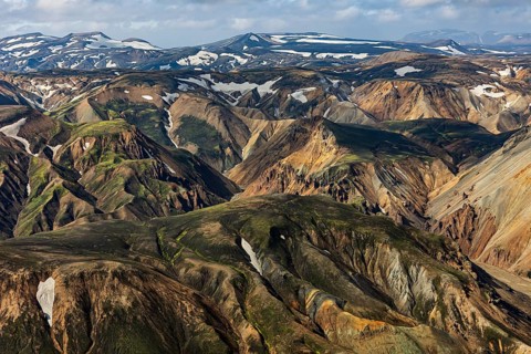 Mountain landscape, sunny, summer, snowfields, volcanic landscape, aerial view, Landmannalaugar,