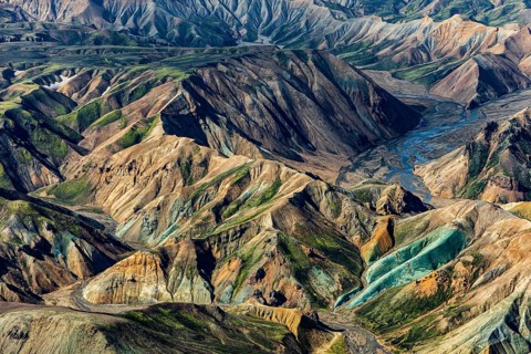 Mountain landscape, sunny, summer, ryolite rock (green), volcanic landscape, aerial view,