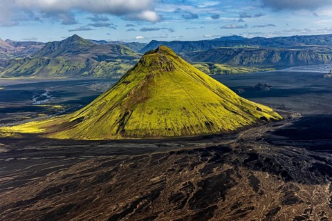 Mountain landscape, sunny, summer, volcanic landscape, river bed, river, aerial view, Maelifell