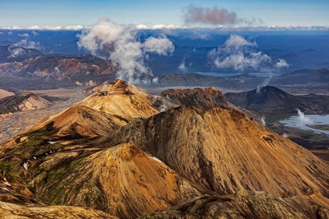 Mountain landscape, lake, river, sunny, summer, volcanic landscape, aerial view, Landmannalaugar,