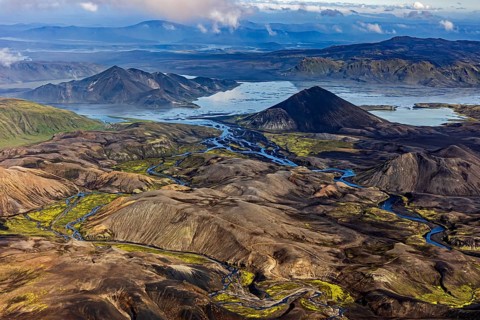 Mountain landscape, lake, river, sunny, summer, volcanic landscape, aerial view, Landmannalaugar,