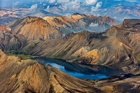 Mountain landscape, lake, sunny, summer, volcanic landscape, aerial view, Landmannalaugar,