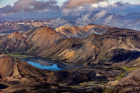 Mountain landscape, lake, river, sunny, summer, volcanic landscape, aerial view, Landmannalaugar,