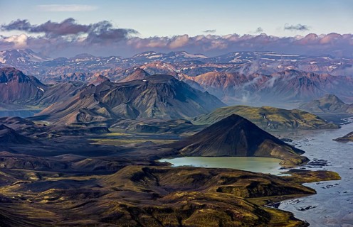 Mountain landscape, lake, river, sunny, summer, volcanic landscape, aerial view, Landmannalaugar,