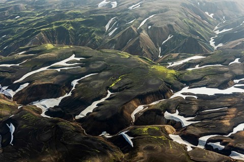 Mountain landscape, sunny, summer, snowfields, volcanic landscape, aerial view, Landmannalaugar,