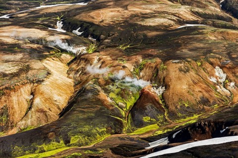 Mountain landscape, sunny, summer, snowfields, hot springs, volcanic landscape, aerial view,