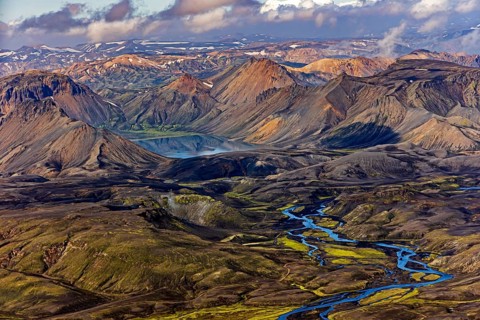Mountain landscape, lake, river, sunny, summer, volcanic landscape, aerial view, Landmannalaugar,
