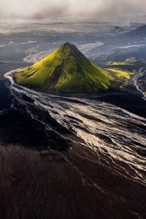 Mountain landscape, sunny, summer, volcanic landscape, river bed, river, aerial view, backlight,