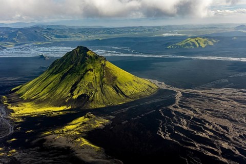Mountain landscape, sunny, summer, volcanic landscape, river bed, river, aerial view, Maelifell