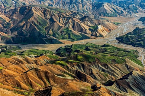 Mountain landscape, sunny, river, summer, volcanic landscape, aerial view, Landmannalaugar,