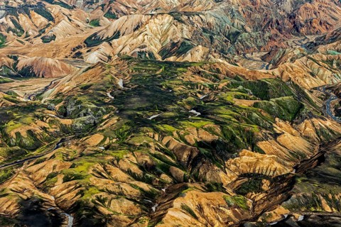 Mountain landscape, sunny, summer, volcanic landscape, aerial view, Landmannalaugar, Fjallabak