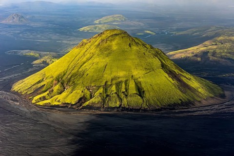 Mountain landscape, sunny, summer, volcanic landscape, aerial view, Maelifell volcano,