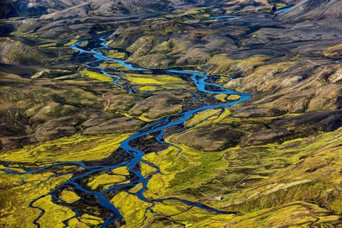 Mountain landscape, river, sunny, summer, volcanic landscape, aerial view, Landmannalaugar,