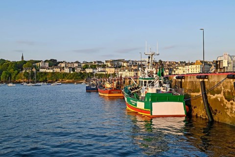 Ships and boats in the harbour Port du Rosmeur in Douarnenez, Finistère, Brittany, France