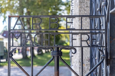 Tor tor at Dachau concentration camp with inscription Arbeit macht frei, Dachau Concentration Camp