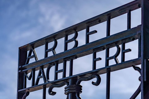 Tor tor at Dachau concentration camp with inscription Arbeit macht frei, Dachau Concentration Camp