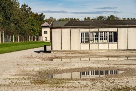 Appellplatz, barracks and watchtower of the Dachau Concentration Camp Memorial, Bavaria, Germany