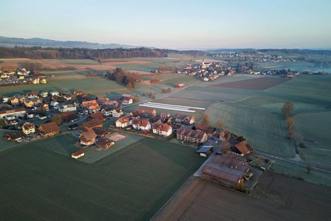 View of the village, surrounded by fields, Aristau, Freiamt, Canton, Aargau, Switzerland