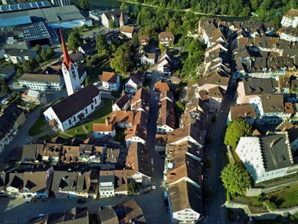 Old town with the Catholic Church of St Nicholas from above, Bremgarten, Freiamt, Canton, Aargau,