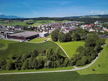 View of the village, industrial area on the left, Sins, Freiamt, Canton, Aargau, Switzerland