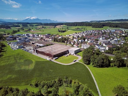 View of the village, industrial area on the left, Sins, Freiamt, Canton, Aargau, Switzerland
