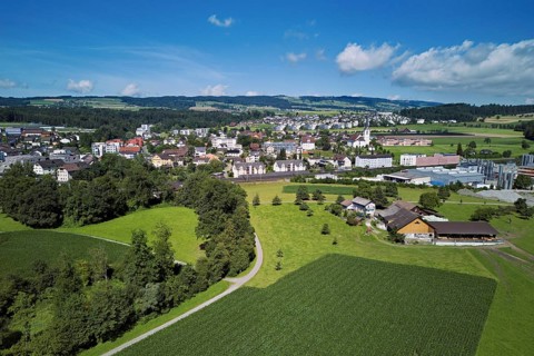 View of the village with the catholic parish church Mariä Geburt, Sins, Freiamt, Canton, Aargau,