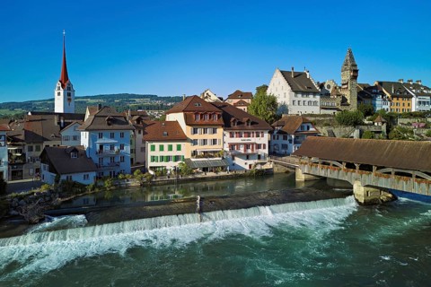 Old town with the Catholic Church of St Nicholas and the tower of the Muri- Amthof, in the