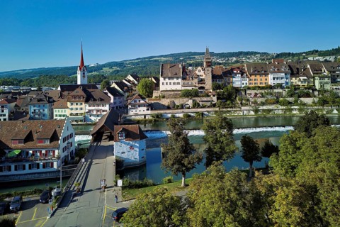 Old town with the Catholic Church of St Nicholas and the tower of the Muri- Amthof, in the