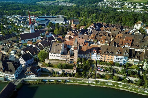 Old town with the Catholic Church of St Nicholas and the tower of the Muri- Amthof, in the