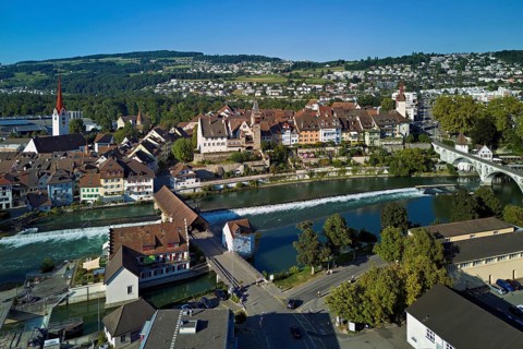 Old town with the Catholic Church of St Nicholas and the tower of the Muri- Amthof, in the