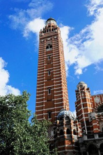 Partial view Westminster Cathedral, London, England, Great Britain, Europe, High red spire against