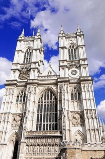 Front view, Twin towers of Westminster Abbey, London, England, Great Britain, Gothic cathedral with