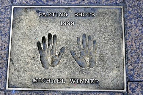 Memorial plaque with handprints and inscription for Michael Winner from 1999, London, England,