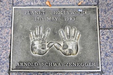 Metal plate with handprints and the inscription of Arnold Schwarzenegger, Planet Hollywood 1993,