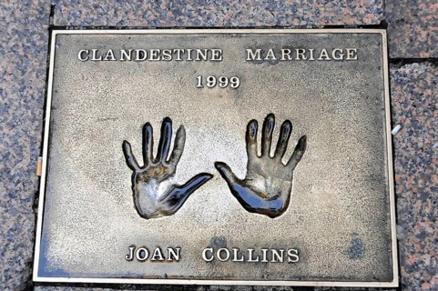 Metal plate with handprints and the inscription of Joan Collins, Clandestine Marriage 1999, London,