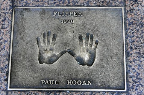 Metal plate with handprints and inscription by Paul Hogan, Flipper 1996, London, England, Great