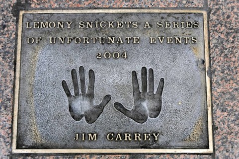Commemorative plaque with handprints and inscription for Jim Carrey from 2004, London, England,